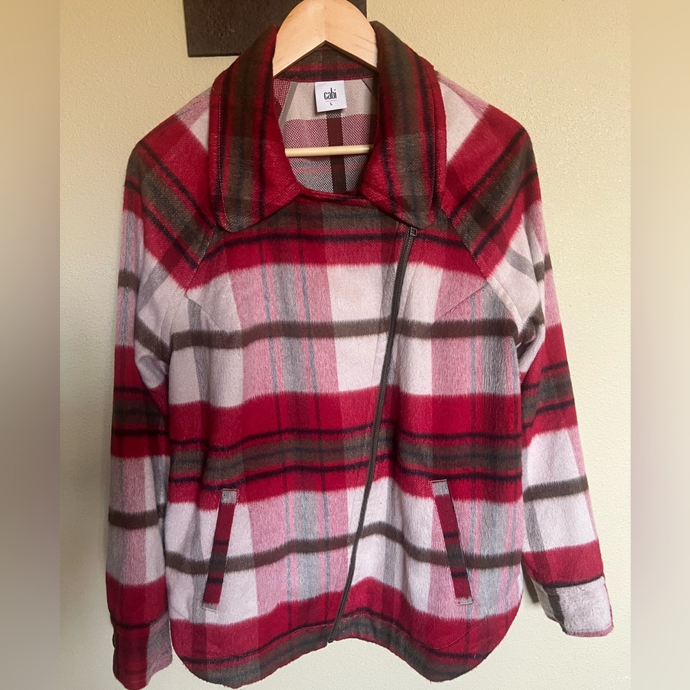 CAbi Women’s Plaid Zip Moto Jacket Red Gray White Pockets Size L